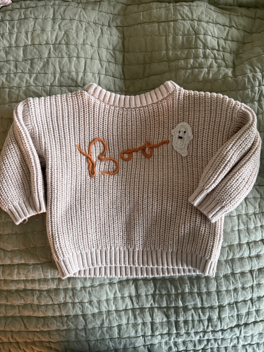 Baby Old Navy Cream Crewneck Sweater with Orange "Boo" Embroidery